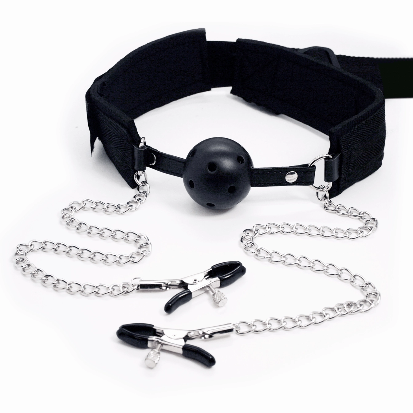Ball Gag, Nipple Clamp, and Bondage Restraint System
