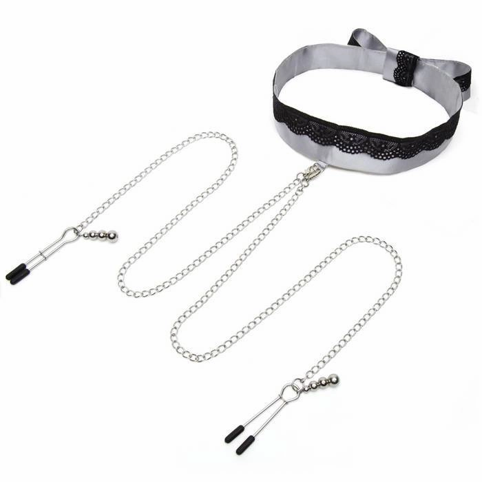 Fifty Shades of Grey - Play Nice Satin & Lace Collar & Nipple Clamps (Grey)