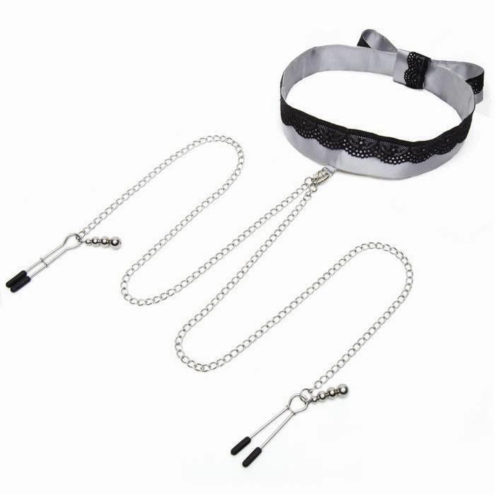 Fifty Shades of Grey - Play Nice Satin & Lace Collar & Nipple Clamps (Grey)