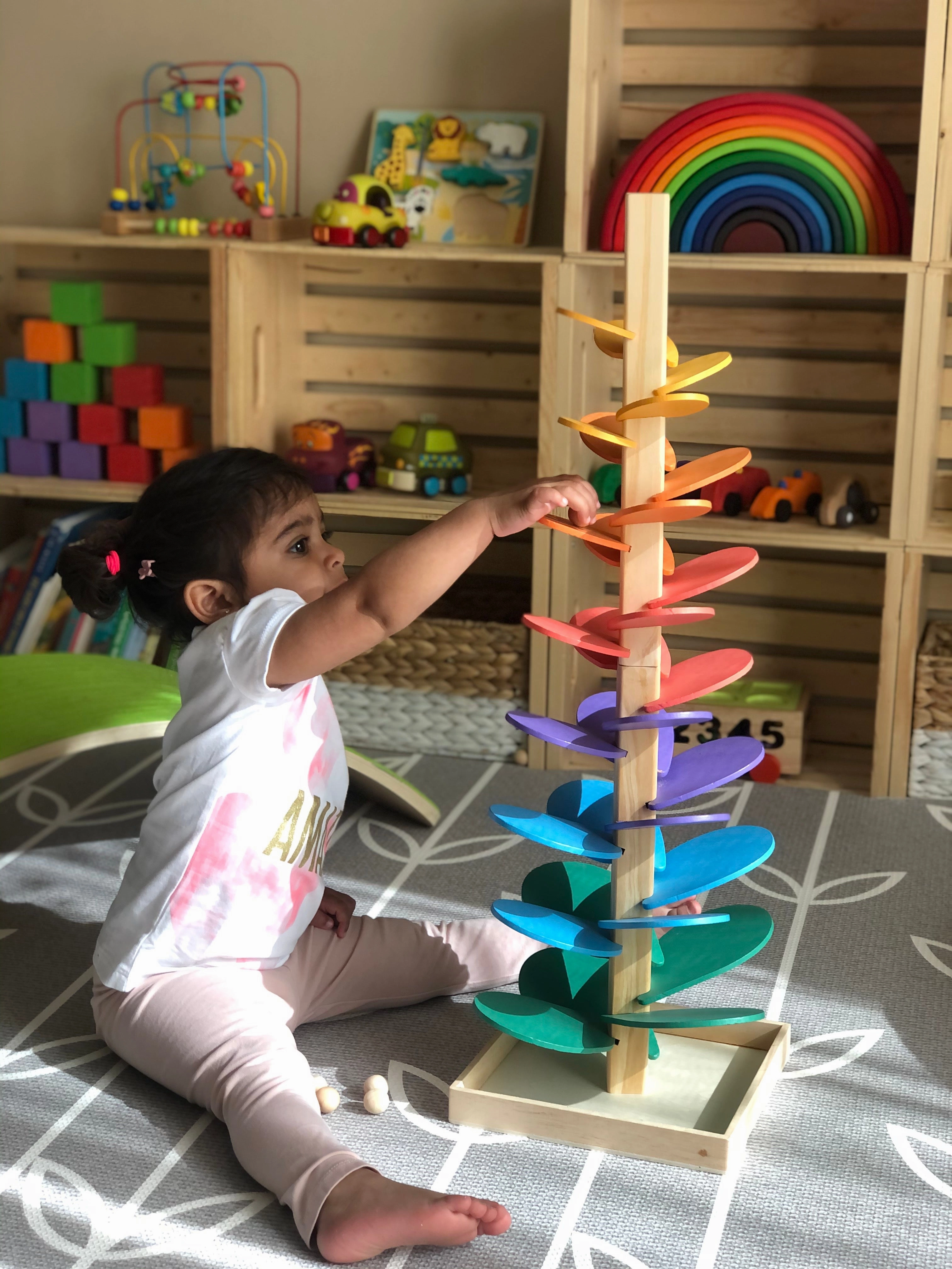 Large Wooden Marble Sound Rainbow Tree Run ( COLOURED WOODEN BALLS)