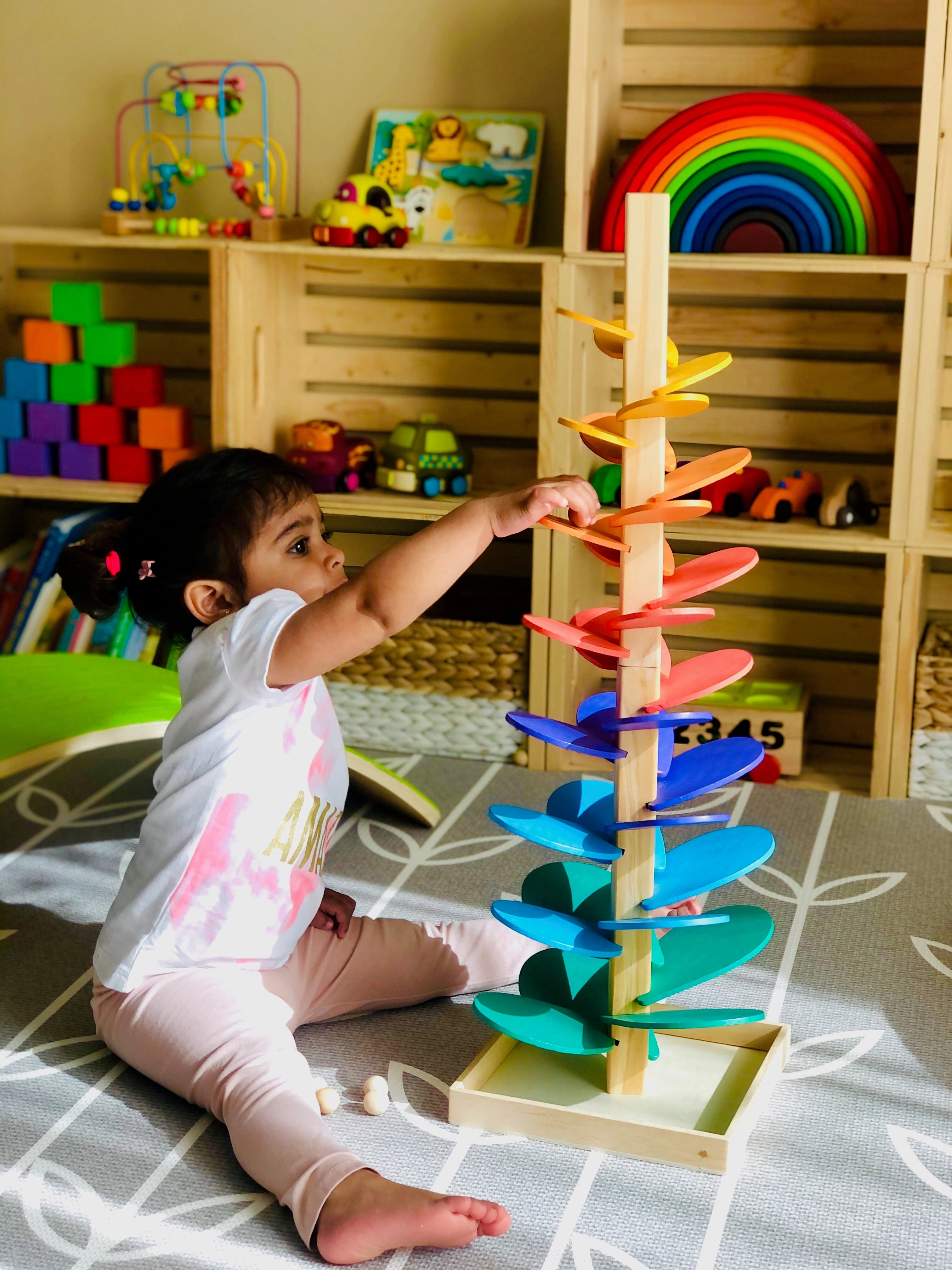 Large Wooden Marble Sound Rainbow Tree Run ( COLOURED WOODEN BALLS)