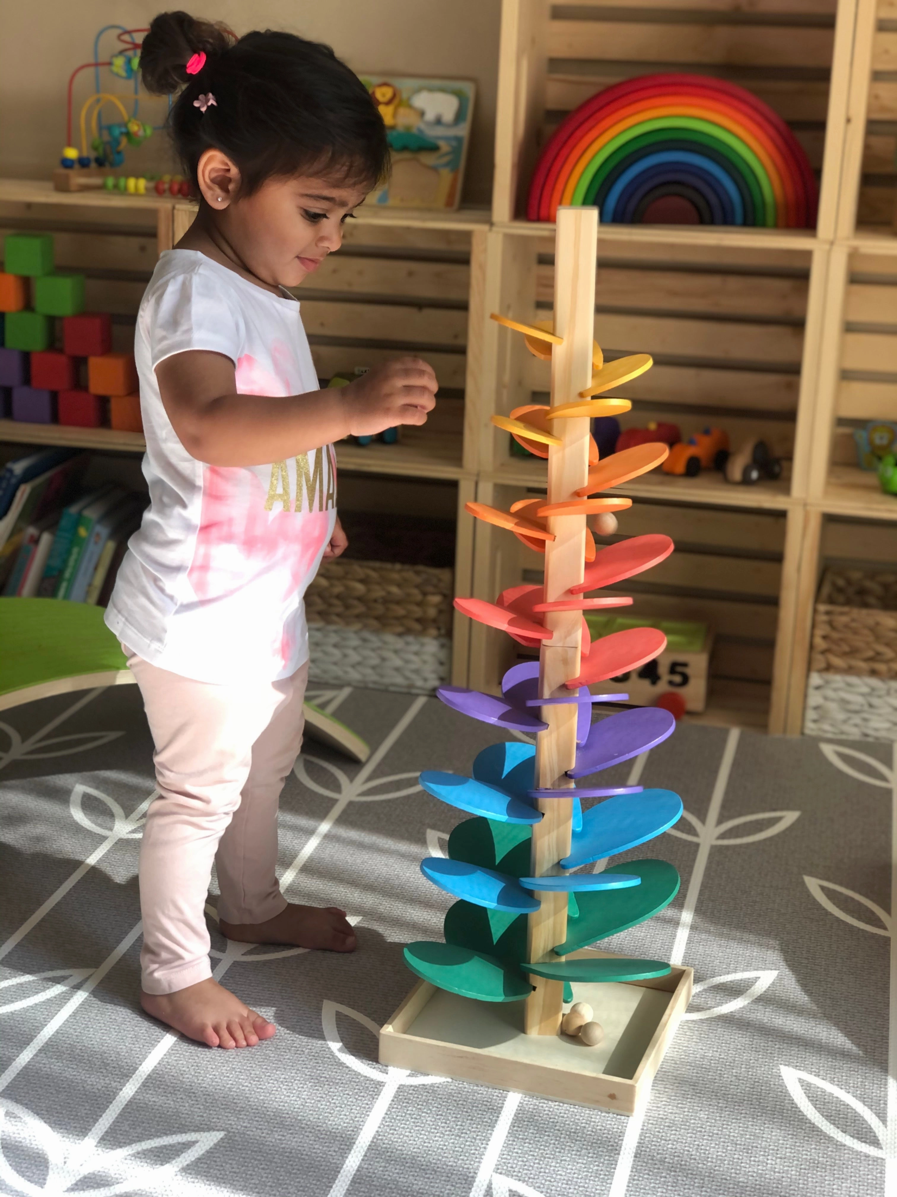 Large Wooden Marble Sound Rainbow Tree Run ( COLOURED WOODEN BALLS)