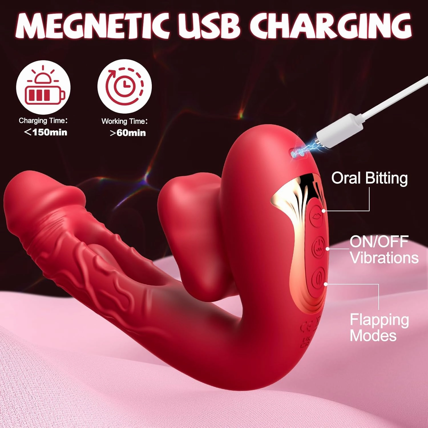 Rose Muncher 3-in-1 G Spot Vibrator Dildo with 10 Flapping & Vibrating & Licking Biting Modes
